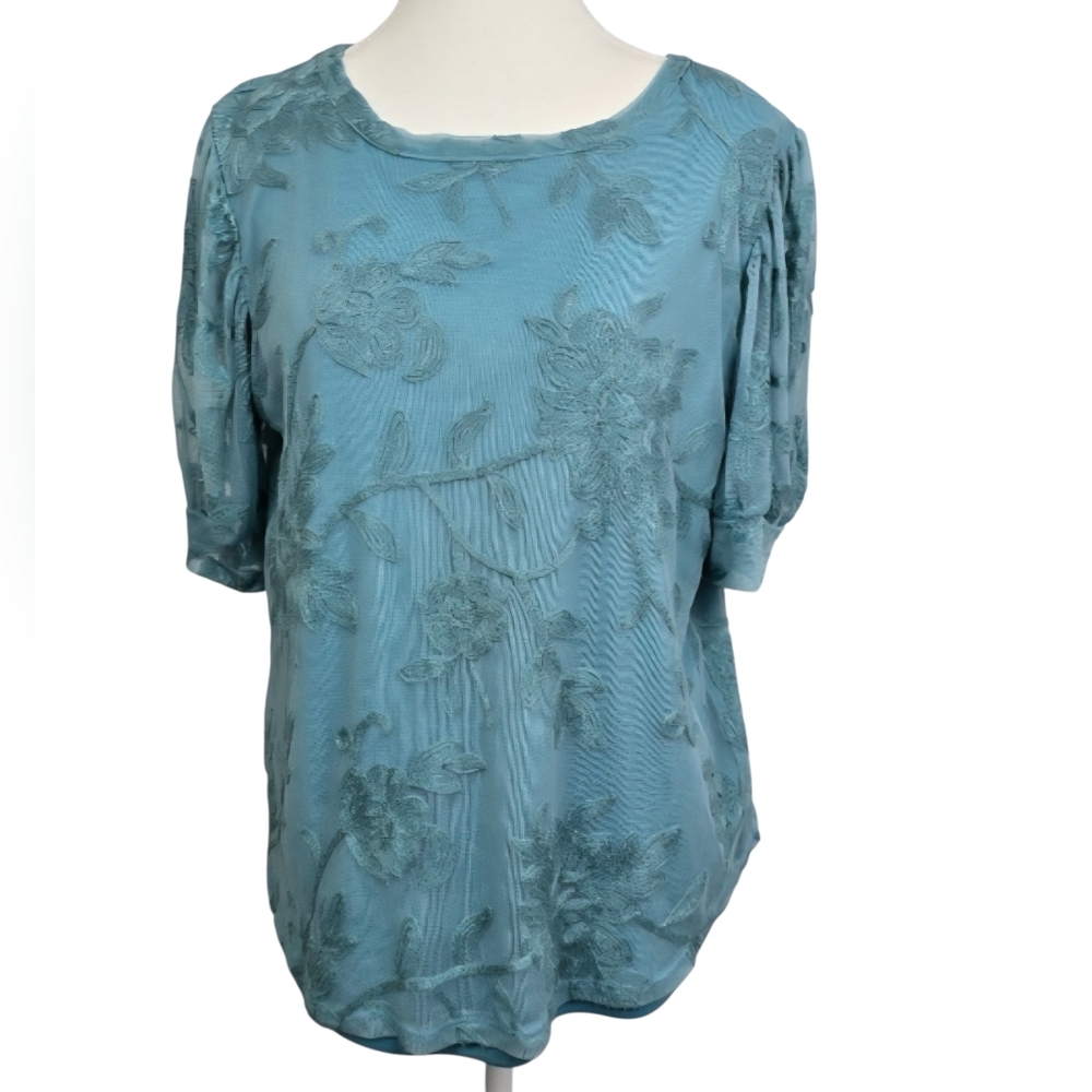 Kim & Cami Teal Floral Embroidered Lace Blouse Sz L